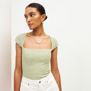 Reformation Cora Linen Top in Avocado Check